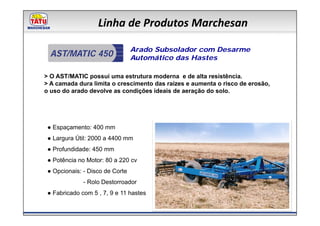 Linha de Produtos Marchesan

                                 Arado Subsolador com Desarme
  AST/MATIC 450                  Automático das Hastes

> O AST/MATIC possui uma estrutura moderna e de alta resistência.
> A camada dura limita o crescimento das raízes e aumenta o risco de erosão,
o uso do arado devolve as condições ideais de aeração do solo.




 ● Espaçamento: 400 mm
 ● Largura Útil: 2000 a 4400 mm
 ● Profundidade: 450 mm
 ● Potência no Motor: 80 a 220 cv
 ● Opcionais: - Disco de Corte
              - Rolo Destorroador
 ● Fabricado com 5 , 7, 9 e 11 hastes
 