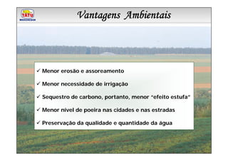 Vantagens Ambientais
          Linha de Produtos Marchesan




Menor erosão e assoreamento

Menor necessidade de irrigação

Sequestro de carbono, portanto, menor “efeito estufa”

Menor nível de poeira nas cidades e nas estradas

Preservação da qualidade e quantidade da água
 