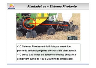 Plantadeiras – Sistema Pivotante
         Linha de Produtos Marchesan




  O Sistema Pivotante é definido por um único
ponto de articulação junto ao chassi da plantadeira.
  O curso das linhas de adubo e semente chegam a
atingir um curso de 180 a 200mm de articulação.
 