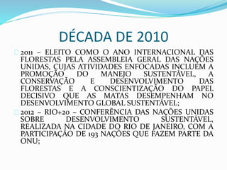 DÉCADA DE 2010 
2011 – ELEITO COMO O ANO INTERNACIONAL DAS 
FLORESTAS PELA ASSEMBLEIA GERAL DAS NAÇÕES 
UNIDAS, CUJAS ATIVIDADES ENFOCADAS INCLUEM A 
PROMOÇÃO DO MANEJO SUSTENTÁVEL, A 
CONSERVAÇÃO E DESENVOLVIMENTO DAS 
FLORESTAS E A CONSCIENTIZAÇÃO DO PAPEL 
DECISIVO QUE AS MATAS DESEMPENHAM NO 
DESENVOLVIMENTO GLOBAL SUSTENTÁVEL; 
2012 – RIO+20 – CONFERÊNCIA DAS NAÇÕES UNIDAS 
SOBRE DESENVOLVIMENTO SUSTENTÁVEL, 
REALIZADA NA CIDADE DO RIO DE JANEIRO, COM A 
PARTICIPAÇÃO DE 193 NAÇÕES QUE FAZEM PARTE DA 
ONU; 
