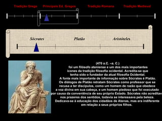 Tradição Grega Principais Ed. Gregos Tradição Romana Tradição Medieval Sócrates Platão Aristótele s (470 a.C. –a. C.) foi um filósofo ateniense e um dos mais importantes ícones da tradição filosofia ocidental. Acredita-se que  tenha sido o fundador da atual filosofia Ocidental. A fonte mais importante de informação sobre Sócrates é Platão.  Os diálogos de Platão retratam Sócrates como professor que se  recusa a ter discípulos, como um homem de razão que obedece  a voz divina em sua cabeça, e um homem piedoso que foi executado  por causa da conveniência de seu próprio Estado. Sócrates não acreditava  nos prazeres dos sentidos, todavia se interessava pela beleza.  Dedicava-se à educação dos cidadãos de Atenas, mas era indiferente  em relação a seus próprios filhos. .   