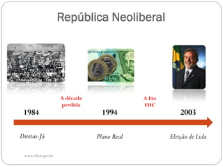 República Neoliberal

1984
Diretas-Já
www.elton.pro.br

A década
perdida

1994
Plano Real

A Era
FHC

2003
Eleição de Lula

 