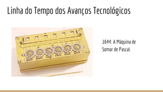 Linha do Tempo dos Avanços Tecnológicos
1644: A Máquina de
Somar de Pascal.
 