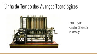 Linha do Tempo dos Avanços Tecnológicos
1800 -1820:
Máquina Diferencial
de Babbage.
 
