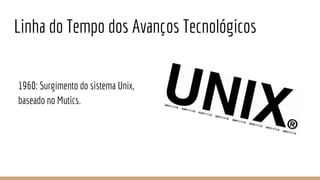 Linha do Tempo dos Avanços Tecnológicos
1960: Surgimento do sistema Unix,
baseado no Mutics.
 
