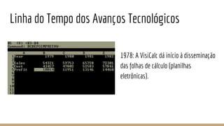 Linha do Tempo dos Avanços Tecnológicos
1978: A VisiCalc dá início à disseminação
das folhas de cálculo (planilhas
eletrônicas).
 