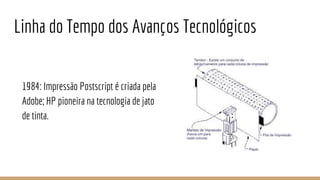 Linha do Tempo dos Avanços Tecnológicos
1984: Impressão Postscript é criada pela
Adobe; HP pioneira na tecnologia de jato
de tinta.
 