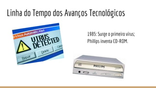 Linha do Tempo dos Avanços Tecnológicos
1985: Surge o primeiro vírus;
Phillips inventa CD-ROM.
 
