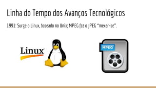Linha do Tempo dos Avanços Tecnológicos
1991: Surge o Linux, baseado no Unix; MPEG faz o JPEG “mexer-se”.
 