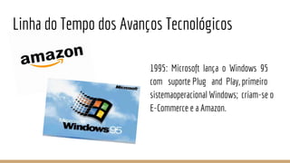 1995: Microsoft lança o Windows 95
com suporte Plug and Play, primeiro
sistemaoperacional Windows; criam-se o
E-Commerce e a Amazon.
Linha do Tempo dos Avanços Tecnológicos
 