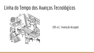 Linha do Tempo dos Avanços Tecnológicos
105 a.C.: Invenção do papel.
 