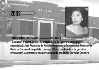2002
- MARIA EDNIR DOS SANTOS assume a DIRETORIA.
- Compõem o núcleo gestor: Francisco Silva de Castro (coordenador
pedagógico); José Francisco de Melo (coordenador administrativo-financeiro);
Maria do Socorro Evangelista Lourenço Silva (coordenadora de gestão e
articulação). A secretaria escolar é assumida por Telma Carvalho Casimiro.
 