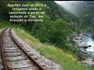 Apertem bem os ténis e
iniciemos então a
caminhada a partir da
estação do Tua, em
direcção a montante.
 