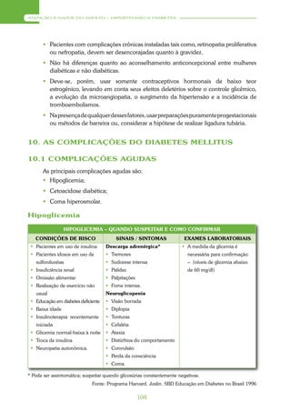 ATENÇÃO À SAÚDE DO ADULTO – HIPERTENSÃO E DIABETES




        Pacientes com complicações crônicas instaladas tais como, retinopatia proliferativa
         ou nefropatia, devem ser desencorajadas quanto à gravidez.
        Não há diferenças quanto ao aconselhamento anticoncepcional entre mulheres
         diabéticas e não diabéticas.
        Deve-se, porém, usar somente contraceptivos hormonais de baixo teor
         estrogênico, levando em conta seus efeitos deletérios sobre o controle glicêmico,
         a evolução da microangiopatia, o surgimento da hipertensão e a incidência de
         tromboembolismos.
        Na presença de qualquer desses fatores, usar preparações puramente progestacionais
         ou métodos de barreira ou, considerar a hipótese de realizar ligadura tubária.


10. AS COMPLICAÇÕES DO DIABETES MELLITUS

10.1 COMPLICAÇÕES AGUDAS
       As principais complicações agudas são:
        Hipoglicemia;
        Cetoacidose diabética;
        Coma hiperosmolar.

Hipoglicemia

                 HIPOGLICEMIA – QUANDO SUSPEITAR E COMO CONFIRMAR
   CONDIÇÕES DE RISCO                    SINAIS / SINTOMAS              EXAMES LABORATORIAIS
  Pacientes em uso de insulina      Descarga adrenérgica*              A medida da glicemia é
  Pacientes idosos em uso de         Tremores                           necessária para confirmação
   sulfoniluréias                     Sudorese intensa                   – (níveis de glicemia abaixo
  Insuficiência renal                Palidez                            de 60 mg/dl)
  Omissão alimentar                  Palpitações
  Realização de exercício não        Fome intensa.
   usual                             Neuroglicopenia
  Educação em diabetes deficiente    Visão borrada
  Baixa idade                        Diplopia
  Insulinoterapia recentemente       Tonturas
   iniciada                           Cefaléia
  Glicemia normal-baixa à noite      Ataxia
  Troca de insulina                  Distúrbios do comportamento
  Neuropatia autonômica.             Convulsão
                                      Perda da consciência
                                      Coma

* Pode ser assintomática; suspeitar quando glicosúrias constantemente negativas.
                              Fonte: Programa Harvard. Joslin. SBD Educação em Diabetes no Brasil 1996

                                                     104
 