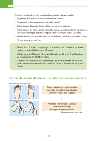 ATENÇÃO À SAÚDE DO ADULTO – HIPERTENSÃO E DIABETES




       Em cada consulta deverá ser realizada inspeção dos pés para avaliar:
        Hiperemia; hidratação da pele; ausência de sudorese;
        Aspecto das unhas (encravadas e/ou deformadas);
        Deformidades dos dedos (halux valgus, em garra ou martelo);
        Deformidades do arco plantar (alteração aguda acompanhada de hiperemia e
         inchaço ou alteração crônica acompanhada de ulceração (pé de Charcot);
        Mobilidade articular limitada; áreas de calosidades, rachaduras, fissuras e bolhas;
        Úlceras e intertrigo micótico.


        Exame físico dos pés, com palpação dos pulsos tibial posterior e pedioso e
         medida da sensibilidade a cada 03 meses.
        Utilizar um monofilamento (Semmes-Weinstein) de 10 g em 6 regiões do pé
         ou um diapasão de 128 Hz no hálux.
        A detecção de diminuição da sensibilidade ao monofilamento em mais de 1
         ponto testado ou da sensibilidade vibratória define o paciente em risco para
         úlceras.




Pontos do pé que devem ser testados com monofilamento

Monofilamento: locais para teste

                                             Todos os pacientes: primeira visita
                                             Remoção obrigatória dos calçados
                                               Exame dos pés e dos calçados


Aplicação do monofilamento

                                             Avaliação neurológica e vascular
                                                   Monofilamento 10g
                                               Palpação dos pulsos distais
                                                             Rastreamento do pé em risco




                                            114
 