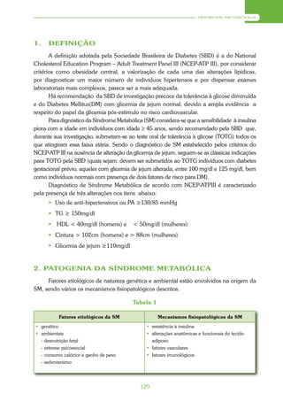 SÍNDROME METABÓLICA




1.    DEFINIÇÃO
       A definição adotada pela Sociedade Brasileira de Diabetes (SBD) é a do National
Cholesterol Education Program – Adult Treatment Panel III (NCEP-ATP III), por considerar
critérios como obesidade central, a valorização de cada uma das alterações lipídicas,
por diagnosticar um maior número de indivíduos hipertensos e por dispensar exames
laboratoriais mais complexos, parece ser a mais adequada.
       Há recomendação da SBD de investigação precoce da tolerância à glicose diminuída
e do Diabetes Mellitus(DM) com glicemia de jejum normal, devido a ampla evidência a
respeito do papel da glicemia pós-estímulo no risco cardiovascular.
       Para dignóstico da Síndrome Metabólica (SM) considera-se que a sensibilidade à insulina
piora com a idade em indivíduos com idade ≥ 45 anos, sendo recomendado pela SBD que,
durante sua investigação, submetam-se ao teste oral de tolerância à glicose (TOTG) todos os
que atingiram essa faixa etária. Sendo o diagnóstico de SM estabelecido pelos critérios do
NCEP-ATP III na ausência de alteração da glicemia de jejum, seguem-se as clássicas indicações
para TOTG pela SBD (quais sejam: devem ser submetidos ao TOTG indivíduos com diabetes
gestacional prévio, aqueles com glicemia de jejum alterada, entre 100 mg/dl e 125 mg/dl, bem
como indivíduos normais com presença de dois fatores de risco para DM).
       Diagnóstico de Síndrome Metabólica de acordo com NCEP-ATPIII é caracterizado
pela presença de três alterações nos itens abaixo:
       Uso de anti-hipertensivos ou PA ≥130/85 mmHg
       TG ≥ 150mg/dl
         HDL < 40mg/dl (homens) e        < 50mg/dl (mulheres)
       Cintura > 102cm (homens) e > 88cm (mulheres)
       Glicemia de jejum ≥110mg/dl



2. PATOGENIA DA SÍNDROME METABÓLICA
     Fatores etiológicos de natureza genética e ambiental estão envolvidos na origem da
SM, sendo vários os mecanismos fisiopatológicos descritos.

                                         Tabela 1

          Fatores etiológicos da SM                 Mecanismos fisiopatológicos da SM
 genético                                      resistência à insulina
 ambientais                                    alterações anatômicas e funcionais do tecido
  - desnutrição fetal                            adiposo
  - estresse psicossocial                       fatores vasculares
  - consumo calórico e ganho de peso            fatores imunológicos
  - sedentarismo




                                             129
 
