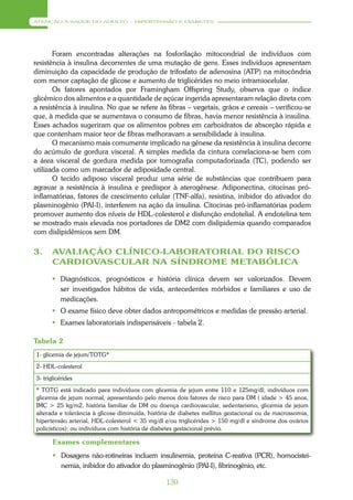 ATENÇÃO À SAÚDE DO ADULTO – HIPERTENSÃO E DIABETES




       Foram encontradas alterações na fosforilação mitocondrial de indivíduos com
resistência à insulina decorrentes de uma mutação de gens. Esses indivíduos apresentam
diminuição da capacidade de produção de trifosfato de adenosina (ATP) na mitocôndria
com menor captação de glicose e aumento de triglicérides no meio intramiocelular.
       Os fatores apontados por Framingham Offspring Study, observa que o índice
glicêmico dos alimentos e a quantidade de açúcar ingerida apresentaram relação direta com
a resistência à insulina. No que se refere às fibras – vegetais, grãos e cereais – verificou-se
que, à medida que se aumentava o consumo de fibras, havia menor resistência à insulina.
Esses achados sugeriram que os alimentos pobres em carboidratos de absorção rápida e
que contenham maior teor de fibras melhoravam a sensibilidade à insulina.
       O mecanismo mais comumente implicado na gênese da resistência à insulina decorre
do acúmulo de gordura visceral. A simples medida da cintura correlaciona-se bem com
a área visceral de gordura medida por tomografia computadorizada (TC), podendo ser
utilizada como um marcador de adiposidade central.
       O tecido adiposo visceral produz uma série de substâncias que contribuem para
agravar a resistência à insulina e predispor à aterogênese. Adiponectina, citocinas pró-
inflamatórias, fatores de crescimento celular (TNF-alfa), resistina, inibidor do ativador do
plasminogênio (PAI-I), interferem na ação da insulina. Citocinas pró-inflamatórias podem
promover aumento dos níveis de HDL-colesterol e disfunção endotelial. A endotelina tem
se mostrado mais elevada nos portadores de DM2 com dislipidemia quando comparados
com dislipidêmicos sem DM.

3.     AVALIAÇÃO CLÍNICO-LABORATORIAL DO RISCO
       CARDIOVASCULAR NA SÍNDROME METABÓLICA

        Diagnósticos, prognósticos e história clínica devem ser valorizados. Devem
         ser investigados hábitos de vida, antecedentes mórbidos e familiares e uso de
         medicações.
        O exame físico deve obter dados antropométricos e medidas de pressão arterial.
        Exames laboratoriais indispensáveis - tabela 2.

Tabela 2
1- glicemia de jejum/TOTG*
2- HDL-colesterol
3- triglicérides
* TOTG está indicado para indivíduos com glicemia de jejum entre 110 e 125mg/dl; indivíduos com
glicemia de jejum normal, apresentando pelo menos dois fatores de risco para DM ( idade > 45 anos,
IMC > 25 kg/m2, história familiar de DM ou doença cardiovascular, sedentarismo, glicemia de jejum
alterada e tolerância à glicose diminuída, história de diabetes mellitus gestacional ou de macrossomia,
hipertensão arterial, HDL-colesterol < 35 mg/dl e/ou triglicérides > 150 mg/dl e síndrome dos ovários
policísticos); ou indivíduos com história de diabetes gestacional prévio.

       Exames complementares
        Dosagens não-rotineiras incluem insulinemia, proteína C-reativa (PCR), homocistei-
         nemia, inibidor do ativador do plasminogênio (PAI-I), fibrinogênio, etc.

                                                 130
 