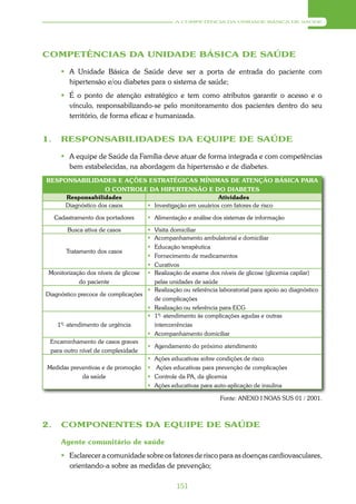 A COMPETÊNCIA DA UNIDADE BÁSICA DE SAÚDE




COMPETÊNCIAS DA UNIDADE BÁSICA DE SAÚDE

        A Unidade Básica de Saúde deve ser a porta de entrada do paciente com
         hipertensão e/ou diabetes para o sistema de saúde;
        É o ponto de atenção estratégico e tem como atributos garantir o acesso e o
         vínculo, responsabilizando-se pelo monitoramento dos pacientes dentro do seu
         território, de forma eficaz e humanizada.


1.     RESPONSABILIDADES DA EQUIPE DE SAÚDE

        A equipe de Saúde da Família deve atuar de forma integrada e com competências
         bem estabelecidas, na abordagem da hipertensão e de diabetes.
RESPONSABILIDADES E AÇÕES ESTRATÉGICAS MÍNIMAS DE ATENÇÃO BÁSICA PARA
                   O CONTROLE DA HIPERTENSÃO E DO DIABETES
     Responsabilidades                                Atividades
     Diagnóstico dos casos    Investigação em usuários com fatores de risco

     Cadastramento dos portadores       Alimentação e análise dos sistemas de informação

         Busca ativa de casos             Visita domiciliar
                                          Acompanhamento ambulatorial e domiciliar
                                          Educação terapêutica
         Tratamento dos casos
                                          Fornecimento de medicamentos
                                          Curativos
 Monitorização dos níveis de glicose      Realização de exame dos níveis de glicose (glicemia capilar)
            do paciente                    pelas unidades de saúde
                                          Realização ou referência laboratorial para apoio ao diagnóstico
Diagnóstico precoce de complicações
                                           de complicações
                                          Realização ou referência para ECG
                                          1º- atendimento às complicações agudas e outras
      1º- atendimento de urgência          intercorrências
                                          Acompanhamento domiciliar
  Encaminhamento de casos graves
                                        Agendamento do próximo atendimento
  para outro nível de complexidade
                                          Ações educativas sobre condições de risco
 Medidas preventivas e de promoção        Ações educativas para prevenção de complicações
             da saúde                     Controle da PA, da glicemia
                                          Ações educativas para auto-aplicação de insulina

                                                                    Fonte: ANEXO I NOAS SUS 01 / 2001.



2.     COMPONENTES DA EQUIPE DE SAÚDE

       Agente comunitário de saúde
        Esclarecer a comunidade sobre os fatores de risco para as doenças cardiovasculares,
         orientando-a sobre as medidas de prevenção;

                                                   151
 