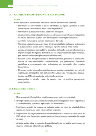 ATENÇÃO À SAÚDE DO ADULTO – HIPERTENSÃO E DIABETES




3.   OUTROS PROFISSIONAIS DE SAÚDE

     Ações
     Ações de todos os profissionais e técnicos a serem desenvolvidas nas UBS:
        Identificar na comunidade, o rol de atividades, de ações e práticas a serem
         adotadas em cada uma das áreas cobertas pelas ESF;
        Identificar o público prioritário a cada uma das ações;
        Atuar de forma integrada e planejada, nas atividades desenvolvidas pelas equipes
         de Saúde da Família (ESF) e com as equipes de Internação Domiciliar;
        Acolher e humanizar a atenção aos usuários do SUS;
        Construir coletivamente, com vistas à intersetorialidade, ações que se integrem
         a outras políticas sociais como: educação, esporte, cultura, entre outras;
        Avaliar, em conjunto com as ESF e Conselhos de Saúde, o desenvolvimento e a
         implementação das ações e da medida de seu impacto sobre situação de saúde,
         por meio de indicadores previamente estabelecidos;
        Realizar ações multiprofissionais e transdisciplinares, provendo o desenvolvi-
         mento de responsabilidades compartilhadas, que pressupõem discussões
         periódicas e entrosamento dos profissionais na formulação dos projetos
         terapêuticos;
        Promover gestão integrada e participação dos usuários nas decisões por meio de
         organização participativa com os Conselhos Locais e/ou Municipais de Saúde;
        Avaliar nas UBS o impacto das ações implementadas;
        Acompanhar e atender casos de acordo com os critérios previamente
         estabelecidos;


3.1 Educador Físico

     Ações
      Desenvolver atividades físicas e práticas corporais junto à comunidade;
      Divulgar informações que visam à prevenção, à minimização dos riscos e à proteção
       à vulnerabilidade, buscando a produção do autocuidado;
      Incentivar a criação de espaços de inclusão social, por meio da atividade física
       regular, do esporte, de lazer, e das práticas corporais;
      Proporcionar educação permanente em atividade física, nutrição e saúde junto às
       ESF, sob a forma da co-participação, acompanhamento supervisionado, discussão
       de caso;

      Articular ações sobre o conjunto de prioridades locais em saúde que incluam os
       diversos setores da administração pública;

                                         154
 