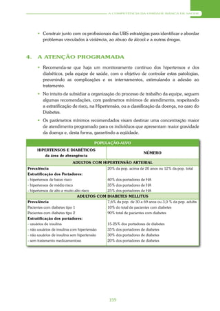 A COMPETÊNCIA DA UNIDADE BÁSICA DE SAÚDE




       Construir junto com os profissionais das UBS estratégias para identificar e abordar
        problemas vinculados à violência, ao abuso de álcool e a outras drogas.


4.    A ATENÇÃO PROGRAMADA

       Recomenda-se que haja um monitoramento contínuo dos hipertensos e dos
        diabéticos, pela equipe de saúde, com o objetivo de controlar estas patologias,
        prevenindo as complicações e os internamentos, estimulando a adesão ao
        tratamento.
       No intuito de subsidiar a organização do processo de trabalho da equipe, seguem
        algumas recomendações, com parâmetros mínimos de atendimento, respeitando
        a estratificação de risco, na Hipertensão, ou a classificação da doença, no caso do
        Diabetes.
       Os parâmetros mínimos recomendados visam destinar uma concentração maior
        de atendimento programado para os indivíduos que apresentam maior gravidade
        da doença e, desta forma, garantindo a eqüidade.

                                           POPULAÇÃO-ALVO
      HIPERTENSOS E DIABÉTICOS
                                                                     NÚMERO
         da área de abrangência
                             ADULTOS COM HIPERTENSÃO ARTERIAL
Prevalência                                     20% da pop. acima de 20 anos ou 12% da pop. total
Estratificação dos Portadores:
- hipertensos de baixo risco                    40% dos portadores de HA
- hipertensos de médio risco                    35% dos portadores de HA
- hipertensos de alto e muito alto risco        25% dos portadores de HA
                                ADULTOS COM DIABETES MELLITUS
Prevalência                                     7,6% da pop. de 30 a 69 anos ou 3,0 % da pop. adulta
Pacientes com diabetes tipo 1                   10% do total de pacientes com diabetes
Pacientes com diabetes tipo 2                   90% total de pacientes com diabetes
Estratificação dos portadores:
- usuários de insulina                          15-25% dos portadores de diabetes
- não usuários de insulina com hipertensão      35% dos portadores de diabetes
- não usuários de insulina sem hipertensão      30% dos portadores de diabetes
- sem tratamento medicamentoso                  20% dos portadores de diabetes




                                                159
 