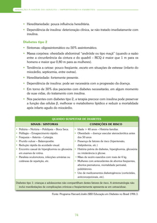 ATENÇÃO À SAÚDE DO ADULTO – HIPERTENSÃO E DIABETES




       Hereditariedade: pouca influência hereditária.
       Dependência de insulina: deterioração clínica, se não tratado imediatamente com
        insulina.

      Diabetes tipo 2
       Sintomas: oligossintomático ou 50% assintomático.
       Massa corpórea: obesidade abdominal “andróide ou tipo maçã” (quando a razão
        entre a circunferência da cintura e do quadril – RCQ é maior que 1 m para os
        homens e maior que 0,80 m para as mulheres).
       Tendência a cetose: pouco freqüente, exceto em situações de estresse (infarto do
        miocárdio, septicemia, entre outras).
       Hereditariedade: fortemente presente.
       Dependência de insulina: pode ser necessária com a progressão da doença.
       Em torno de 30% dos pacientes com diabetes necessitarão, em algum momento
        de suas vidas, do tratamento com insulina.
       Nos pacientes com diabetes tipo 2, a terapia precoce com insulina pode preservar
        a função das células β, melhorar o metabolismo lipídico e reduzir a mortalidade
        após infarto agudo do miocárdio.


                               QUANDO SUSPEITAR DE DIABETES
            SINAIS / SINTOMAS                                   CONDIÇÕES DE RISCO
 Poliúria – Nictúria – Polidipsia – Boca Seca.     Idade > 40 anos – História familiar.
 Polifagia – Emagrecimento rápido.                 Obesidade – doença vascular aterosclerótica antes
 Fraqueza – Astenia – Letargia.                      dos 50 anos
 Prurido vulvar – Balanopostite.                   Presença de fatores de risco (hipertensão,
 Redução rápida da acuidade visual.                  dislipidemia, etc.)
 Encontro casual de hiperglicemia ou glicosúria    História prévia de diabetes, hiperglicemia, glicosúria
  em exames de rotina.                                ou intolerância à glicose.
 Paralisia oculomotora, infecções urinárias ou      Mães de recém-nascidos com mais de 4 kg.
  cutâneas de repetição, etc.                       Mulheres com antecedentes de abortos freqüentes,
                                                      abortos prematuros, mortalidade perinatal,
                                                      polidrâmnio.
                                                    Uso de medicamentos diabetogênicos (corticóides,
                                                      anticoncepcionais, etc).

Diabetes tipo 1: crianças e adolescentes não compartilham destes fatores de risco. A sintomatologia não
  inclui manifestações de complicações crônicas e freqüentemente apresenta-se em cetoacidose.

                               Fonte: Programa Harvard.Joslin.SBD Educação em Diabetes no Brasil 1996 3.




                                                   74
 