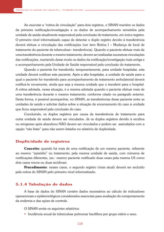 ATENÇÃO À SAÚDE DO ADULTO – TUBERCULOSE




       Ao executar a “rotina de vinculação” para dois registros, o SINAN mantém os dados
da primeira notificação/investigação e os dados de acompanhamento remetidos pela
unidade de saúde atualmente responsável pela conclusão do tratamento, em único registro.
O primeiro nível informatizado capaz de detectar o duplo registro devido à transferência
deverá efetuar a vinculação das notificações (ver item Rotina I – Mudança de local de
tratamento do paciente de tuberculose– transferência). Quando o paciente efetuar mais de
uma transferência durante o mesmo tratamento, devem ser realizadas sucessivas vinculações
das notificações, mantendo desse modo os dados da notificação/investigação mais antiga e
o acompanhamento pela Unidade de Saúde responsável pela conclusão do tratamento.
       Quando o paciente for transferido, temporariamente, para unidade hospitalar, esta
unidade deverá notificar este paciente. Após a alta hospitalar, a unidade de saúde para a
qual o paciente for transferido para acompanhamento de tratamento ambulatorial deverá
notificá-lo novamente, ainda que seja a mesma unidade que o transferir para o hospital.
A rotina adotada, nessa situação, é a mesma adotada quando o paciente efetuar mais de
uma transferência durante o mesmo tratamento, conforme citado no parágrafo anterior.
Desta forma, é possível acompanhar, no SINAN, as transferências desse paciente entre as
unidades de saúde e solicitar dados sobre a situação de encerramento do caso à unidade
que ficou responsável pela conclusão do caso.
      Concluindo, os duplos registros por causa da transferência de tratamento para
outra unidade de saúde devem ser vinculados. Já os duplos registros devido à recidiva
ou reingresso após abandono NÃO devem ser vinculados e podem ser assinalados com a
opção “não listar” para não serem listados no relatório de duplicidade.


Duplicidade de registros
       Conceito: quando há mais de uma notificação de um mesmo paciente, referente
ao mesmo “episódio” ou tratamento, pela mesma unidade de saúde, com números de
notificações diferentes, (ex.: mesmo paciente notificado duas vezes pela mesma US como
dois casos novos ou duas recidivas).
       Procedimento: nesses casos, o segundo registro (mais atual) deverá ser excluído
pela rotina do SINAN pelo primeiro nível informatizado.


5.1.4 Tabulação de dados
     A base de dados do SINAN contém dados necessários ao cálculo de indicadores
operacionais e epidemiológicos considerados essenciais para avaliação do comportamento
da endemia e das ações de controle.

     O SINAN emite os seguintes relatórios:
      Incidência anual de tuberculose pulmonar bacilífera por grupo etário e sexo.

                                          118
 