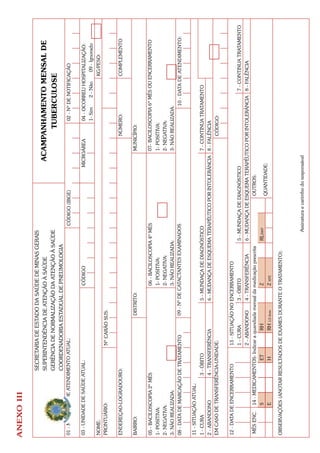 ANEXO III

                           SECRETARIA DE ESTADO DA SAÚDE DE MINAS GERAIS
                           SUPERINTENDÊNCIA DE ATENÇÃO À SAÚDE                                                       ACAMPANHAMENTO MENSAL DE
                           GERÊNCIA DE NORMALIZAÇÃO DA ATENÇÃO À SAÚDE                                                     TUBERCULOSE
                           COORDENADORIA ESTADUAL DE PNEUMOLOGIA
01 - MUNICÍPIO DE ATENDIMENTO ATUAL:                                                      CÓDIGO (IBGE)                                 02 - Nº DE NOTIFICAÇÃO


03 - UNIDADE DE SAÚDE ATUAL:                                  CÓDIGO                                              MICROÁREA             04 - OCORREU HOSPITALIZAÇÃO:
                                                                                                                                        1- Sim   2 - Não 09 - Ignorado
NOME:                                                                                                                                                    KG/PESO:
PRONTUÁRIO:                         Nº CARÃO SUS:


ENDEREÇAO-LOGRADOURO:                                                                                                           NÚMERO:                  COMPLEMENTO


BAIRRO:                                           DISTRITO:                                                                MUNICÍPIO:


05 - BACILOSCOPIA 2º MÊS                                      06 - BACILOSCOPIA 4º MÊS                                     07- BACILOSCOPIA 6º MÊS OU ENCERRAMENTO
1- POSITIVA:                                                   1- POSITIVA:                                                1- POSITIVA:
2- NEGATIVA:                                                   2- NEGATIVA:                                                2- NEGATIVA:
3- NÃO REALIZADA:                                              3- NÃO REALIZADA:                                           3- NÃO REALIZADA:
08 - DATA DE MARCAÇÃO DE TRATAMENTO               09 - Nº DE CATACTANTES EXAMINADOS                                                          10 - DATA DE ATENDIMENTO:


11 - SITUAÇÃO ATUAL:
1 - CURA               3 - ÓBITO                        5 - MUNDAÇA DE DIAGNÓSTICO                                         7 - CONTINUA TRATAMENTO
2 - ABANDONO        4 - TRANSFERÊNCIA                   6 - MUDANÇA DE ESQUEMA TERAPÊUTICO POR INTOLERÂNCIA 8 - FALÊNCIA
EM CASO DE TRANSFERÊNCIA-UNIDADE:                                                                                               CÓDIGO:


12 - DATA DE ENCERRAMENTO           13 - SITUAÇÃO NO ENCERRAMENTO
                                    1 - CURA            3 - ÓBITO                 5 - MUNDAÇA DE DIAGNÓSTICO                                       7 - CONTINUA TRATAMENTO
                                    2 - ABANDONO        4 - TRANSFERÊNCIA         6 - MUDANÇA DE ESQUEMA TERAPÊUTICO POR INTOLERÂNCIA 8 - FALÊNCIA
MÊS ENC.   14 - MEDICAMENTOS: Indicar a quandiade mensal da medicação prescrita                      OUTROS:
           S                  ET          RH                  Z                   RLSWP
                                                                                                     QUANTIDADE:
           E                  H           RH 1/2 dose         Z XPE

OBSERVAÇÕES (ANOTAR RESULTADOS DE EXAMES DURANTE O TRATAMENTO):



                                                                                     Assinatura e carimbo do responsável
 