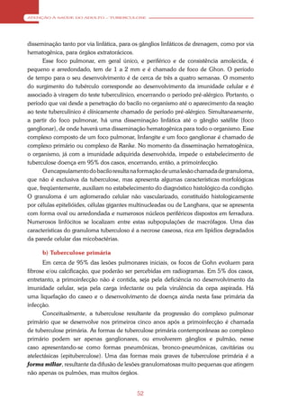 ATENÇÃO À SAÚDE DO ADULTO – TUBERCULOSE




disseminação tanto por via linfática, para os gânglios linfáticos de drenagem, como por via
hematogênica, para órgãos extratorácicos.
      Esse foco pulmonar, em geral único, e periférico e de consistência amolecida, é
pequeno e arredondado, tem de 1 a 2 mm e é chamado de foco de Ghon. O período
de tempo para o seu desenvolvimento é de cerca de três a quatro semanas. O momento
do surgimento do tubérculo corresponde ao desenvolvimento da imunidade celular e é
associado à viragem do teste tuberculínico, encerrando o período pré-alérgico. Portanto, o
período que vai desde a penetração do bacilo no organismo até o aparecimento da reação
ao teste tuberculínico é clínicamente chamado de período pré-alérgico. Simultaneamente,
a partir do foco pulmonar, há uma disseminação linfática até o gânglio satélite (foco
ganglionar), de onde haverá uma disseminação hematogênica para todo o organismo. Esse
complexo composto de um foco pulmonar, linfangite e um foco ganglionar é chamado de
complexo primário ou complexo de Ranke. No momento da disseminação hematogênica,
o organismo, já com a imunidade adquirida desenvolvida, impede o estabelecimento de
tuberculose doença em 95% dos casos, encerrando, então, a primoinfecção.
      O encapsulamento do bacilo resulta na formação de uma lesão chamada de granuloma,
que não é exclusiva da tuberculose, mas apresenta algumas características morfológicas
que, freqüentemente, auxiliam no estabelecimento do diagnóstico histológico da condição.
O granuloma é um aglomerado celular não vascularizado, constituído histologicamente
por células epitelióides, células gigantes multinucleadas ou de Langhans, que se apresenta
com forma oval ou arredondada e numerosos núcleos periféricos dispostos em ferradura.
Numerosos linfócitos se localizam entre estas subpopulações de macrófagos. Uma das
características do granuloma tuberculoso é a necrose caseosa, rica em lipídios degradados
da parede celular das micobactérias.

      b) Tuberculose primária
      Em cerca de 95% das lesões pulmonares iniciais, os focos de Gohn evoluem para
fibrose e/ou calcificação, que poderão ser percebidas em radiogramas. Em 5% dos casos,
entretanto, a primoinfecção não é contida, seja pela deficiência no desenvolvimento da
imunidade celular, seja pela carga infectante ou pela virulência da cepa aspirada. Há
uma liquefação do caseo e o desenvolvimento de doença ainda nesta fase primária da
infecção.
      Conceitualmente, a tuberculose resultante da progressão do complexo pulmonar
primário que se desenvolve nos primeiros cinco anos após a primoinfecção é chamada
de tuberculose primária. As formas de tuberculose primária contemporâneas ao complexo
primário podem ser apenas ganglionares, ou envolverem gânglios e pulmão, nesse
caso apresentando-se como formas pneumônicas, bronco-pneumônicas, cavitárias ou
atelectásicas (epituberculose). Uma das formas mais graves de tuberculose primária é a
forma miliar, resultante da difusão de lesões granulomatosas muito pequenas que atingem
não apenas os pulmões, mas muitos órgãos.


                                            52
 