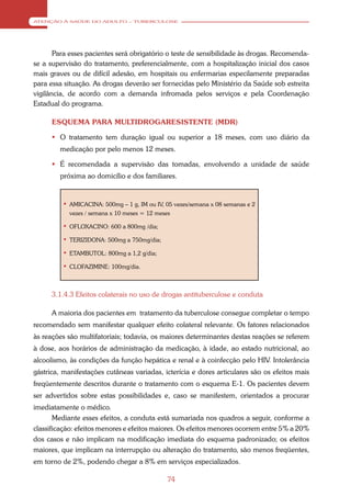ATENÇÃO À SAÚDE DO ADULTO – TUBERCULOSE




       Para esses pacientes será obrigatório o teste de sensibilidade às drogas. Recomenda-
se a supervisão do tratamento, preferencialmente, com a hospitalização inicial dos casos
mais graves ou de difícil adesão, em hospitais ou enfermarias especilamente preparadas
para essa situação. As drogas deverão ser fornecidas pelo Ministério da Saúde sob estreita
vigilância, de acordo com a demanda infromada pelos serviços e pela Coordenação
Estadual do programa.

      ESQUEMA PARA MULTIDROGARESISTENTE (MDR)

       O tratamento tem duração igual ou superior a 18 meses, com uso diário da
        medicação por pelo menos 12 meses.

       É recomendada a supervisão das tomadas, envolvendo a unidade de saúde
        próxima ao domicílio e dos familiares.


         • AMICACINA: 500mg – 1 g, IM ou IV, 05 vezes/semana x 08 semanas e 2
            vezes / semana x 10 meses = 12 meses

         • OFLOXACINO: 600 a 800mg /dia;
         • TERIZIDONA: 500mg a 750mg/dia;
         • ETAMBUTOL: 800mg a 1,2 g/dia;
         • CLOFAZIMINE: 100mg/dia.


      3.1.4.3 Efeitos colaterais no uso de drogas antituberculose e conduta

      A maioria dos pacientes em tratamento da tuberculose consegue completar o tempo
recomendado sem manifestar qualquer efeito colateral relevante. Os fatores relacionados
às reações são multifatoriais; todavia, os maiores determinantes destas reações se referem
à dose, aos horários de administração da medicação, à idade, ao estado nutricional, ao
alcoolismo, às condições da função hepática e renal e à coinfecção pelo HIV. Intolerância
gástrica, manifestações cutâneas variadas, icterícia e dores articulares são os efeitos mais
freqüentemente descritos durante o tratamento com o esquema E-1. Os pacientes devem
ser advertidos sobre estas possibilidades e, caso se manifestem, orientados a procurar
imediatamente o médico.
       Mediante esses efeitos, a conduta está sumariada nos quadros a seguir, conforme a
classificação: efeitos menores e efeitos maiores. Os efeitos menores ocorrem entre 5% a 20%
dos casos e não implicam na modificação imediata do esquema padronizado; os efeitos
maiores, que implicam na interrupção ou alteração do tratamento, são menos freqüentes,
em torno de 2%, podendo chegar a 8% em serviços especializados.

                                               74
 