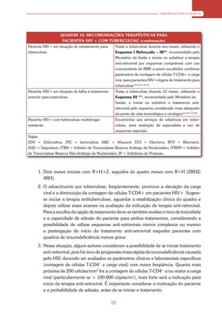 ABORDAGEM CLÍNICA




                  QUADOR 10: RECOMENDAÇÕES TERAPÊUTICAS PARA
                   PACIENTES HIV + COM TUBERCULOSE (continuação)
Paciente HIV+ em situação de retratamento para     Tratar a tuberculose durante seis meses, utilizando o
tuberculose.                                       Esquema I Reforçado – IR(9), recomendado pelo
                                                   Ministério da Saíde e iniciar ou substituir a terapia
                                                   anti-retroviral por esquemas compatíveis com uso
                                                   concomitante de RMP a serem escolhidos conforme
                                                                                 ,
                                                   parâmetros de contagem de células T-CD4+ e carga
                                                   vira; para pacientes HIV+virgens de tratamento para
                                                   tuberculose (2,4,5,6,7,8,10).
Paciente HIV+ em situação de falha a tratamento    Tratar a tuberculose durante 12 meses, utilizando o
anterior para tuterculose.                         Esquema III (11), recomendado pelo Ministério da
                                                   Saúde; e iniciar ou substituir o tratamento anti-
                                                   retroviral pelo esquema considerado mais adequado
                                                   do ponto de vista imunológico e virológico(2,4,5,6,7,8,10).
Paciente HIV+ com tuberculose multidrogar-         Encaminhar aos serviços de referência em tuber-
resistente.                                        culose, para avaliação de especialista e uso de
                                                   esquemas especiais.
Siglas:
ZDV = Zidovudina, 3TC = lamivudina, ABC = Abacavir, EFZ = Efavirens, RTV = Ritomavir,
SQV = Saquinavir, ITRN = Inibidor de Transcriptase Reserva Análogo de Nucleosídeo, ITRNN = Inibidor
de Transcriptase Reserva Não-Análogo de Nucleosídeo, IP = Inibidores de Protease.



     1. Dois meses iniciais com R+H+Z, seguidos de quatro meses com R+H (2RHZ/
        4RH).
     2. O adoecimento por tuberculose, freqüentemente, promove a elevação da carga
        viral e a diminuição da contagem de células T-CD4+ em pacientes HIV+. Sugere-
        se iniciar a terapia antituberculose, aguardar a estabilização clínica do quadro e
        depois utilizar esses exames na avaliação da indicação de terapia anti-retroviral.
        Para a escolha da opção de tratamento deve-se também avaliar o risco de toxicidade
        e a capacidade de adesão do paciente para ambos tratamentos, considerando a
        possibilidade de utilizar esquemas anti-retrovirais menos complexos ou mesmo
        a postergação do início do tratamento anti-retroviral naqueles pacientes com
        quadros de imunodeficiência menos grave.
     3. Nessa situação, alguns autores consideram a possibilidade de se iniciar tratamento
        anti-retroviral, pois há risco de progressão mais rápida da imunodeficiência causada
        pelo HIV, devendo ser avaliados os parâmetros clínicos e laboratoriais específicos
        (contagem de células T-CD4+ e carga viral) com maior freqüência. Quanto mais
        próxima de 200 células/mm3 for a contagem de células T-CD4+ e/ou maior a carga
        viral (particularmente se > 100.000 cópias/m), mais forte será a indicação para
        início da terapia anti-retroviral. É importante considerar a motivação do paciente
        e a probabilidade de adesão, antes de se iniciar o tratamento.

                                                  93
 