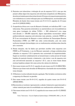 ATENÇÃO À SAÚDE DO ADULTO – TUBERCULOSE




    4. Pacientes com tuberculose e indicação de uso do esquema I (E-1), mas que não
       possam utilizar algum dos esquemas anti-retrovirais compatíveis com Rifampicina,
       deverão ser tratados para tuberculose durante 12 meses com esquema para pacientes
       com intolerância ou contra-indicação para uso de Rifampicina, recomendado pelo
       Ministério da Saúde (dois meses iniciais com H+Z+S+E, seguidos de 10 meses
       com H+E [2HEZS/10HE]).

    5. A experiência clínica com o uso do Abacavir é limitada, em indivíduos HIV + com
       tuberculose. Para pacientes sintomáticos ou assintomáticos com imunodeficiência
       mais grave (contagem de células T-CD4+ < 200 células/mm3) e/ou carga
       viral elevada (> 100.000 cópias/ml), alguns especialistas recomendam utilizar
       preferencialmente esquemas anti-retrovirais mais potentes, contendo ITRNN ou
       IP O uso concomitante de Abacavir e outros inibidores da Transcriptase Reversa
         .
       Nucleosídeos (ITRN) com RMP não estão contra-indicados, pois não existe
       nenhuma interação farmacológica com os medicamentos antituberculose descrita
       até o momento.

    6. Nessas situações, não há dados que permitam escolher entre esquemas com
       ITRNN ou IP Entretanto, o uso de Ritonavir associado a drogas antituberculose
                  .
       utilizadas no esquema I (E-1) apresenta risco aumentado de hepatotoxicidade.
       Sugere-se monitorar cuidadosamente as transaminases e outras provas de função
       hepática do paciente durante o tratamento e não iniciar o uso de esquema com
       esse anti-retroviral associado ao esquema I (E-1), caso os níveis basais dessas
       enzimas hepáticas estejam três vezes acima dos valores de referência.

    7. Dois meses iniciais com R+H+Z, seguidos de sete meses com R+H (2RHZ/7RH).
       Observar que doses mais elevadas de Rifampicina e Isoniazida são recomendadas
       nessa situação.

    8. O Efavirenz é contra-indicado durante a gestação. Não há dados conclusivos sobre
       a segurança do Abacavir na gravidez.

    9. Dois meses iniciais com R+H+Z+E, seguidos de quatro meses com R+H+E
       (2RHZE/4RHE).

    10.Recomenda-se monitorar rigorosamente a adesão (tratamento supervisionado) e
       coletar material para teste de sensibilidade aos medicamentos antituberculose.

    11.Três meses iniciais com S+Et+E+Z, seguidos de nove meses com Et+E (3SEtEZ/
       9EtE).
                Fonte: Tuberculose – Guia de Vigilância Epidemiológica. FUNASA/MS. 2002. p. 28 a 30.




                                               94
 