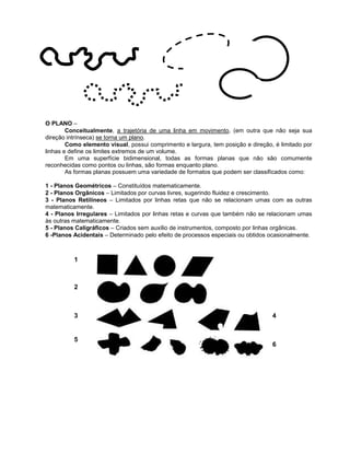 O PLANO –
Conceitualmente, a trajetória de uma linha em movimento, (em outra que não seja sua
direção intrínseca) se torna um plano.
Como elemento visual, possui comprimento e largura, tem posição e direção, é limitado por
linhas e define os limites extremos de um volume.
Em uma superfície bidimensional, todas as formas planas que não são comumente
reconhecidas como pontos ou linhas, são formas enquanto plano.
As formas planas possuem uma variedade de formatos que podem ser classificados como:
1 - Planos Geométricos – Constituídos matematicamente.
2 - Planos Orgânicos – Limitados por curvas livres, sugerindo fluidez e crescimento.
3 - Planos Retilíneos – Limitados por linhas retas que não se relacionam umas com as outras
matematicamente.
4 - Planos Irregulares – Limitados por linhas retas e curvas que também não se relacionam umas
às outras matematicamente.
5 - Planos Caligráficos – Criados sem auxílio de instrumentos, composto por linhas orgânicas.
6 -Planos Acidentais – Determinado pelo efeito de processos especiais ou obtidos ocasionalmente.
1
2
3 4
5
6
 