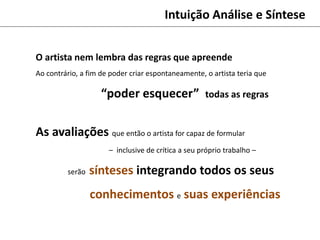 Intuição Análise e Síntese
O artista nem lembra das regras que apreende
Ao contrário, a fim de poder criar espontaneamente, o artista teria que
“poder esquecer” todas as regras
As avaliações que então o artista for capaz de formular
– inclusive de crítica a seu próprio trabalho –
serão sínteses integrando todos os seus
conhecimentos e suas experiências
 