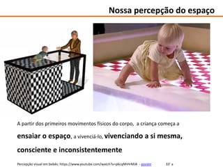 Percepção visual em bebês: https://www.youtube.com/watch?v=p6cqNhHrMJA - assistir
Nossa percepção do espaço
A partir dos primeiros movimentos físicos do corpo, a criança começa a
ensaiar o espaço, a vivenciá-lo, vivenciando a si mesma,
consciente e inconsistentemente
33’ a
 