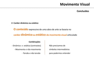 Movimento Visual
O conteúdo expressivo de uma obra de arte se baseia no
caráter dinâmico ou estático do movimento visual articulado
Combinações
- Dinâmico e estático (contrastes)
- Movimento e não-movimento
- Tensão e não tensão
Não precisamos de
símbolos intermediários
para podermos entender
Conclusões
2- Caráter dinâmico ou estático
 
