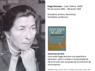 Fayga Ostrower – Lodz, Polônia 1920/
Rio de Janeiro 2001 – BR desde 1934
Gravadora, pintora, desenhista,
ilustradora, professora
Universos da Arte
Livro onde Fayga descreve sua experiência
educativa sobre a análise e interpretação de
obras de arte com um grupo de funcionários de
uma empresa
OSTROWER, Fayga. Universos da Arte. 13ª edição. Rio de Janeiro. Campus, 1983
 