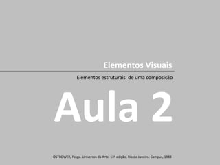 Aula 2
Elementos Visuais
Elementos estruturais de uma composição
OSTROWER, Fayga. Universos da Arte. 13ª edição. Rio de Janeiro. Campus, 1983
 