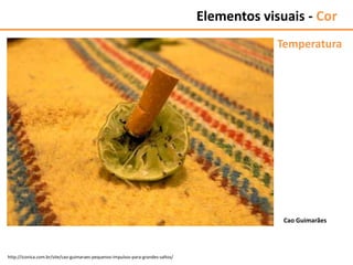 Elementos visuais - Cor
Temperatura
Cao Guimarães
http://iconica.com.br/site/cao-guimaraes-pequenos-impulsos-para-grandes-saltos/
 