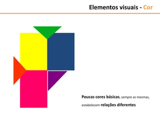 Poucas cores básicas, sempre as mesmas,
estabelecem relações diferentes
Elementos visuais - Cor
 