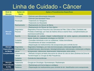 Linha de Cuidado - Câncer
Nível de
Atenção

Ações em
Saúde
Promoção
Prevenção
Rastreamento

Atenção
Básica

Diagnóstico
Precoce

Suporte
Cuidados
Paliativos
Atenção
Especializada
de Média
Complexidade

Diagnóstico
Histológico do
câncer
Tratamento do
Câncer
Cuidados
Paliativos
Tratamento

Atenção
Especializada Cuidados
de Alta
Paliativos
Complexidade

Ações e Procedimentos Específicos
- Estímulo para Alimentação Adequada
- Estímulo para Atividade Física
- Tratamento do Tabagismo
- Tratamento da Obesidade
- Rastreamento do Câncer de Mama
- Rastreamento do Câncer de Colo Uterino
Diagnóstico Precoce Presuntivo dos Cânceres de Pele, Cólon e Reto, Cavidade oral,
Próstata e Estômago, por meio de história clínica e exame físico, complementados por
exames/procedimentos.
Manutenção do cuidado integral multiprofissional de outros agravos pré-existentes de
saúde, durante o tratamento oncológico no CACON.
- Consultas individuais e com os cuidadores. Visitas domiciliares.
- Procedimentos de baixa complexidade.
- Dispensação de medicamentos não-excepcionais para controle da dor.
Diagnóstico histológico, por meio de broncoscopia, endoscopia digestiva alta,
mediastinoscopia, pleuroscopia, retossigmoidoscopia, colonoscopia, endoscopia urológica,
laringoscopia, colposcopia, laparoscopia, histeroscopia, entre outros.
- Retirada cirúrgica da lesão precursora do câncer do colo do útero (Exérese da Zona de
Transformação ou Cirurgia de Alta Frequência).
Controle de intercorrências
Cirurgia em Oncologia / Quimioterapia / Radioterapia
- Radioterapia anti-hemorrágica e antiálgica
- Dispensação de medicamentos para controle da dor, classificados como excepcionais.

 