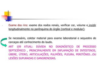 - Exame dos rins: exame dos nodos renais, verificar cor, volume e incidir
longitudinalmente no parênquima do órgão (cortical e medular);
- Se necessário, coletar material para exame laboratorial e sequestro de
carcaças até conhecimento do laudo.
- ART 109 ATUAL: DÚVIDA NO DIAGNÓSTICO DE PROCESSO
SEPTICÊMICO , PRINCIPALMENTE EM INFLAMAÇÃO DE INTESTINOS,
ÚBERE, ÚTERO, ARTICULAÇÕES, PULMÕES, PLEURA, PERITÔNIO...OU
LESÕES SUPURADAS E GANGRENOSAS.
 