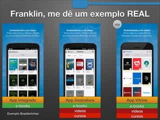 Franklin, me dê um exemplo REAL
App integrado App Assinatura App Vitrine
e-books e-books
videos
cursos
e-books
videos
cursos
obs
Exemplo Brasileirinhas
 