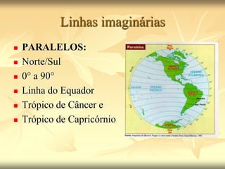 Linhas imaginárias PARALELOS:  Norte/Sul 0° a 90° Linha do Equador  Trópico de Câncer e  Trópico de Capricórnio 