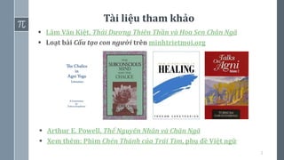 Tài liệu tham khảo
2
▪ Lâm Văn Kiệt, Thái Dương Thiên Thần và Hoa Sen Chân Ngã
▪ Loạt bài Cấu tạo con người trên minhtrietmoi.org
▪ Arthur E. Powell, Thể Nguyên Nhân và Chân Ngã
▪ Xem thêm: Phim Chén Thánh của Trái Tim, phụ đề Việt ngữ
 