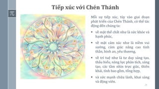 25
Mỗi sự tiếp xúc, tùy vào giai đoạn
phát triển của Chén Thánh, có thể tác
động đến chúng ta:
▪ về mặt thể chất như là sức khỏe và
hạnh phúc,
▪ về mặt cảm xúc như là niềm vui
sướng, cảm giác nâng cao tinh
thần, bình an, yêu thương,
▪ về trí tuệ như là tư duy sáng tạo,
thấu hiểu, năng lực phân tích, sáng
tạo, các tầm nhìn trực giác, thiên
khải, tính bao gồm, tổng hợp,
▪ và sức mạnh chữa lành, khai sáng
và động viên.
Tiếp xúc với Chén Thánh
 