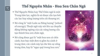37
Thể Nguyên Nhân - Hoa Sen Chân Ngã
▪ Thể Nguyên Nhân hay Thể Chân ngã là một
Trung tâm lực, nghĩa là nó được cấu tạo bởi
các lực hay năng lượng trên cõi thượng trí.
▪ Nó cũng là “một Luân xa Năng lượng” (wheel
of energy). Thuật ngữ này nói lên sự chuyển
động không ngừng của các năng lượng cấu
tạo thành hoa sen chân ngã.
▪ Nó cũng được gọi là “một hoa sen có chín
cánh, bao bọc một đơn vị gồm ba cánh ở
trung tâm; các cánh này lại che kín sự sống
trung tâm, hay là “ngọc quý trong hoa sen.”
 