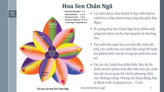 46
Hoa Sen Chân Ngã
▪ 12 cánh được chia thành 4 lớp, mỗi lớp ba
cánh hoa. Lớp cánh trong cùng che giấu Bảo
Ngọc.
▪ Ở cuống Hoa Sen Chân Ngã là ba điểm ánh
sáng mờ nhạt của ba hạt nguyên tử thường
tồn.
▪ Tuy mỗi lớp cánh hoa có một đặc tính nổi
trội, các cánh hoa của một lớp cũng thể hiện
hai phẩm tính còn lại trong ba cánh hoa của
nó.
▪ Các từ các Cánh Hoa Hiểu Biết, Bác Ái, Hi
Sinh nói lên phẩm tính đặc biệt của các cánh
hoa đó và có quan hệ với ba phương diện
của Thiêng Liêng: Thông tuệ Hoạt động, Bác
ái Minh triết và Quyền Lực – Ý Chí.
(minhtrietmoi.org)
 