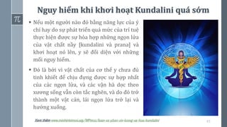 63
Xem thêm www.minhtrietmoi.org/WPress/luan-xa-phan-xiv-luong-xa-hoa-kundalini
▪ Nếu một người nào đó bằng năng lực của ý
chí hay do sự phát triển quá mức của trí tuệ
thực hiện được sự hòa hợp những ngọn lửa
của vật chất nầy [kundalini và prana] và
khơi hoạt nó lên, y sẽ đối diện với những
mối nguy hiểm.
▪ Đó là bởi vì vật chất của cơ thể y chưa đủ
tinh khiết để chịu đựng được sự hợp nhất
của các ngọn lửa, và các vận hà dọc theo
xương sống vẫn còn tắc nghẽn, và do đó trở
thành một vật cản, lái ngọn lửa trở lại và
hướng xuống.
Nguy hiểm khi khơi hoạt Kundalini quá sớm
 
