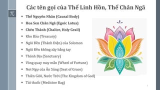 ▪ Thể Nguyên Nhân (Causal Body)
▪ Hoa Sen Chân Ngã (Egoic Lotus)
▪ Chén Thánh (Chalice, Holy Grail)
▪ Kho Báu (Treasury)
▪ Ngôi Đền (Thánh Điện) của Solomon
▪ Ngôi Đền không xây bằng tay
▪ Thánh Địa (Sanctuary)
▪ Vòng quay may mắn (Wheel of Fortune)
▪ Nơi Ngự của Ân Sủng (Seat of Grace)
▪ Thiên Giới, Nước Trời (The Kingdom of God)
▪ Túi thuốc (Medicine Bag)
7
Các tên gọi của Thể Linh Hồn, Thể Chân Ngã
 