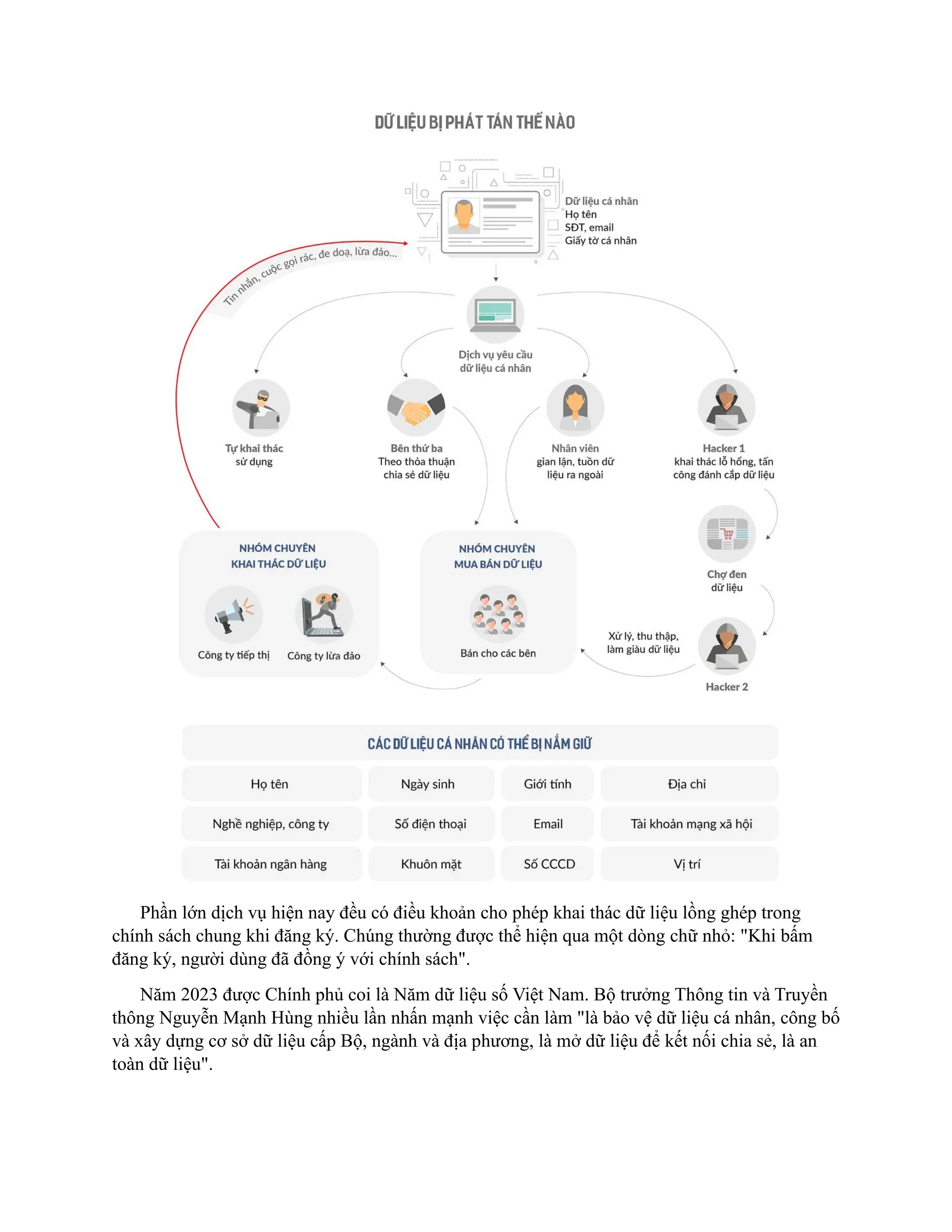 Phần lớn dịch vụ hiện nay đều có điều khoản cho phép khai thác dữ liệu lồng ghép trong
chính sách chung khi đăng ký. Chúng thường được thể hiện qua một dòng chữ nhỏ: "Khi bấm
đăng ký, người dùng đã đồng ý với chính sách".
Năm 2023 được Chính phủ coi là Năm dữ liệu số Việt Nam. Bộ trưởng Thông tin và Truyền
thông Nguyễn Mạnh Hùng nhiều lần nhấn mạnh việc cần làm "là bảo vệ dữ liệu cá nhân, công bố
và xây dựng cơ sở dữ liệu cấp Bộ, ngành và địa phương, là mở dữ liệu để kết nối chia sẻ, là an
toàn dữ liệu".
 